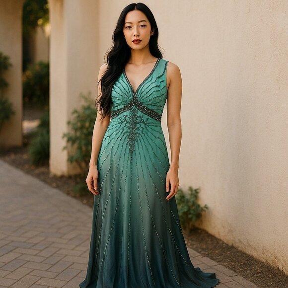 Cassandra Stone II Silk Beaded Formal Evening Gown Size 20 Teal Prom Pageant - Picture 1 of 11
